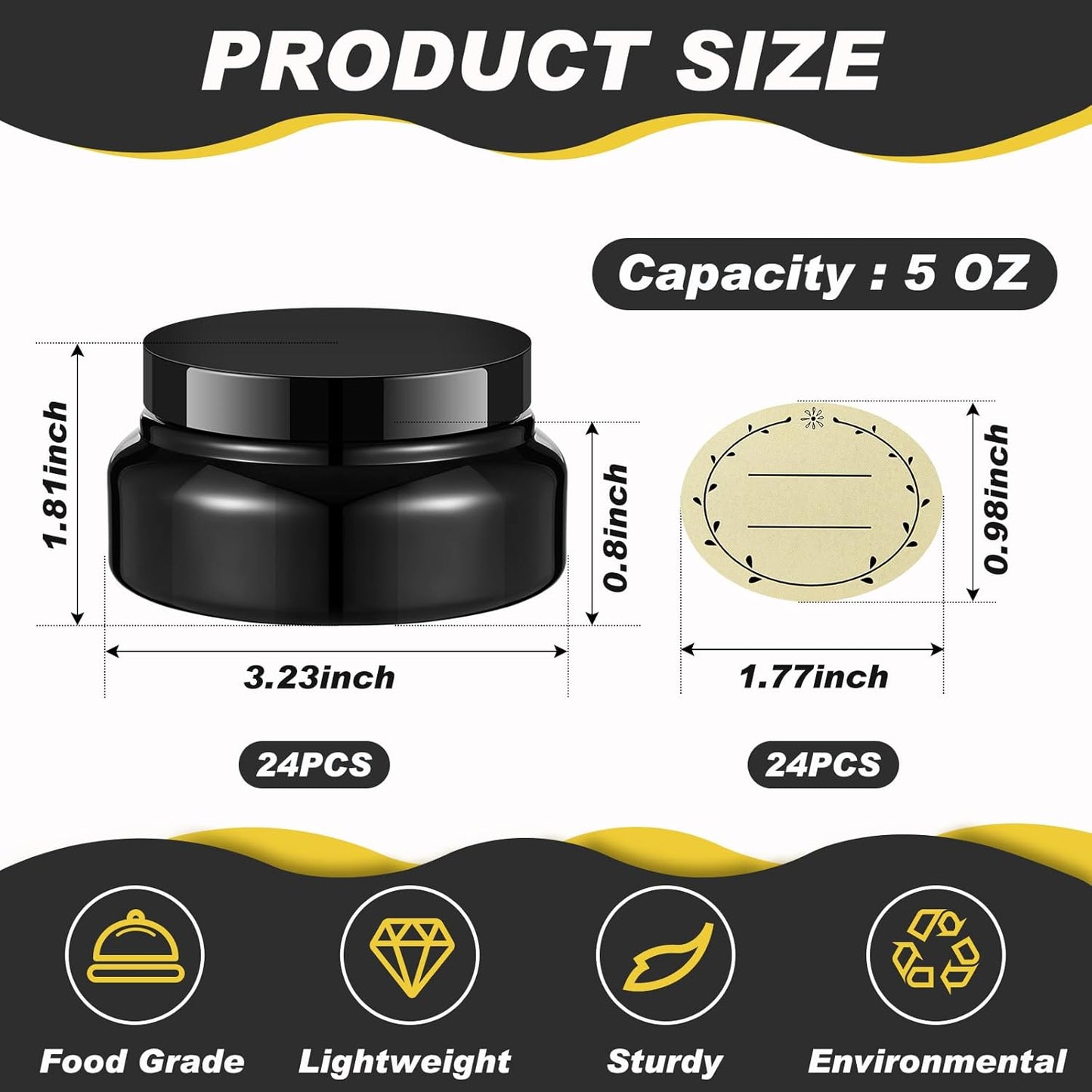 Tessco 24 Pack Plastic Jars with Lids Labels Empty Clear Plastic Jars Round Refillable Cosmetic Containers Body Butter Containers Bulk Sugar Scrub Bottle for Make Up(5 oz,Black)