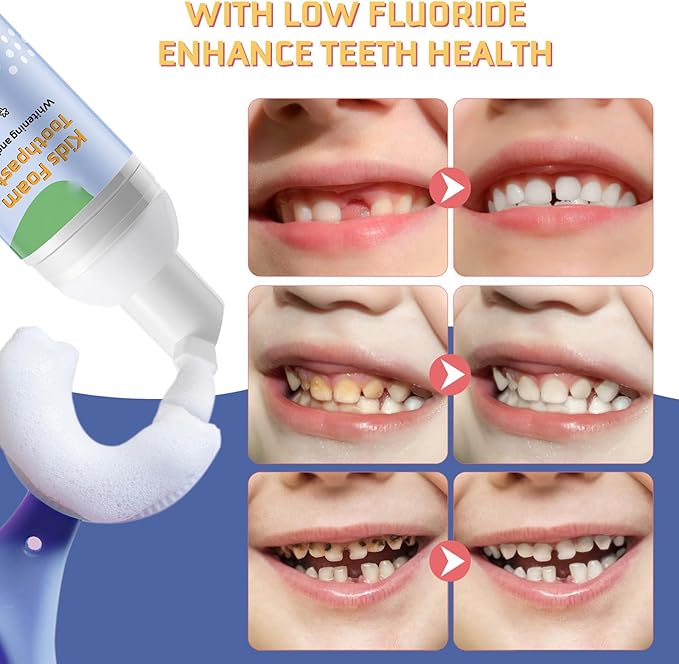 Foam Toothpaste Kids 2PCS, Toddler Toothpaste Cavity Protection, Clean and Whitening, 360ºCare, Portable, Kids Foam Toothpaste with Fluoride for Electric & U-Shape Toothbrushes (Blueberry)