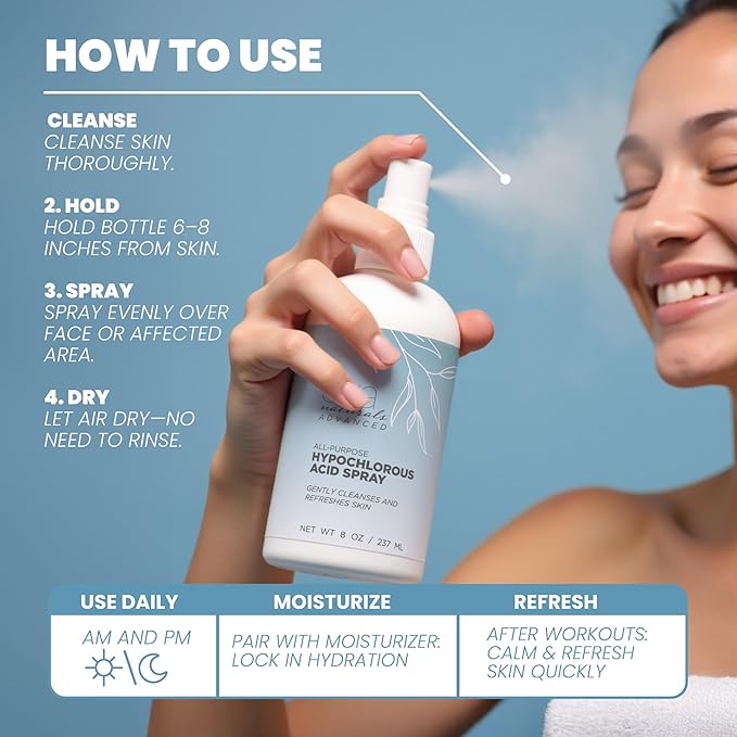 Hypochlorous Acid Spray for Face, Skin, and Body – 0.018% HOCl Facial Mist Toner, Hydrating Cleanser for Acne, Eczema, Rosacea, Eyelids, Pets, Workout, Baby, Back, Redness, Sensitive Care Spray