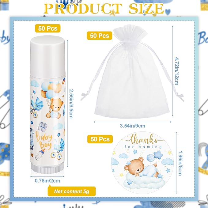Fumete 50 Pack Bear Baby Shower Party Gifts Favors Bulk Lip Balms for Guests Boys Girls Neutral Gender Reveal Favors for Baby Shower Prizes Souvenirs Bags Stuffer Classroom Prizes