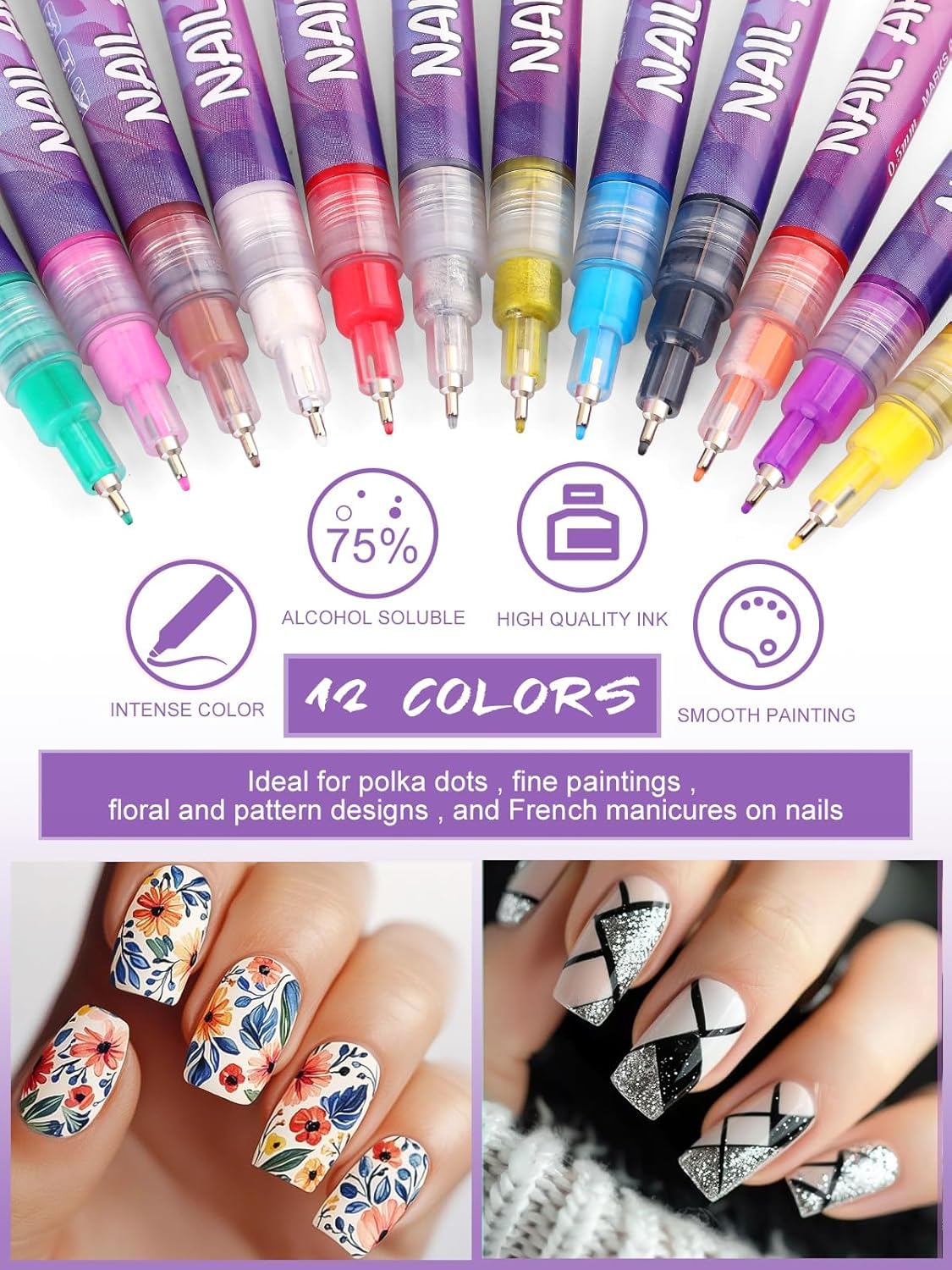 Kalolary 12 Color Nail Art Pens Set, Nail Art Markers Polish Pens Nail Point Graffiti Dotting Pen Drawing Painting Liner Brush for DIY Nail Art Beauty Adorn Manicure Tools