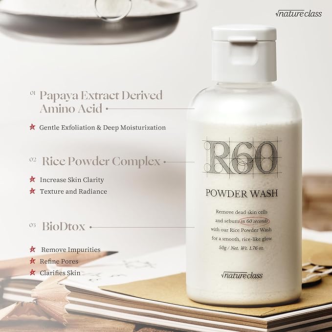 R60 Rice Enzyme Powder Face Wash Cleanser – Exfoliating, Deep Cleansing, Removes Pore Impurities for Soft Radiant Skin, Korean Skincare1.76oz