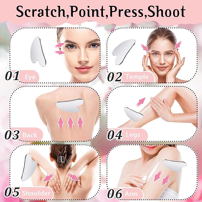 Gua Sha Facial Tools and Face Roller Set, Lymphatic Drainage Massager，Stainless Steel Facial Sculpting Eyes Roller Guasha for Face, Chin & Jawline Sculpting,Skin Care (Stainless Steel)