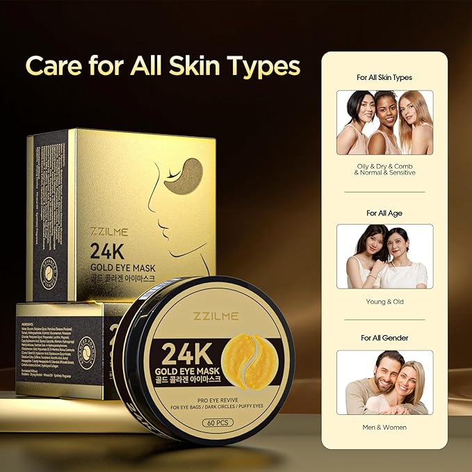 24k Gold Under Eye Patches - Firming, Glowing & Hydrating Hydrogel Mask for Puffy Eyes, Dark Circles, Wrinkles, Eye Bags Treatment, Gifts for Women and Men, 60Pcs Black