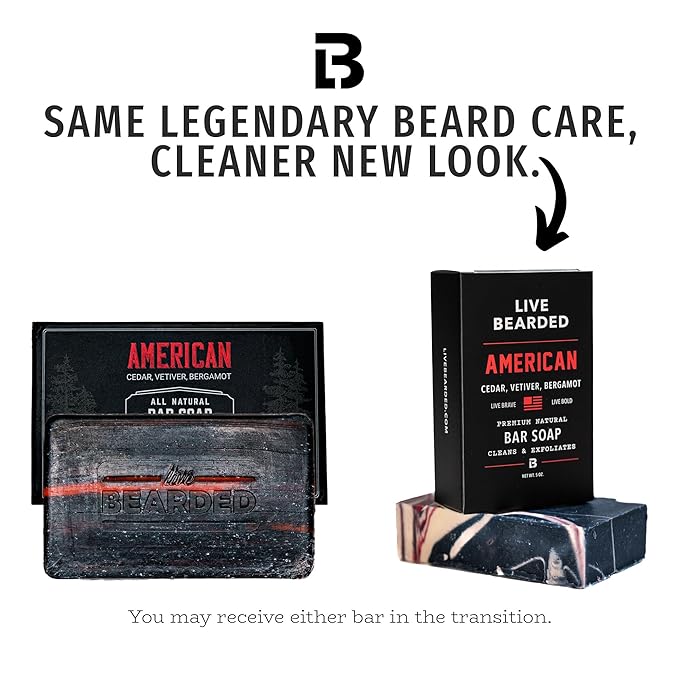 Live Bearded All-Natural Bar Soap for Men, 6-Pack of 5 oz - Made in the USA - Exfoliates and Moisturizes - Charcoal, Pumice, Shea Butter | American Scent - Cedar, Vetiver, Bergamot