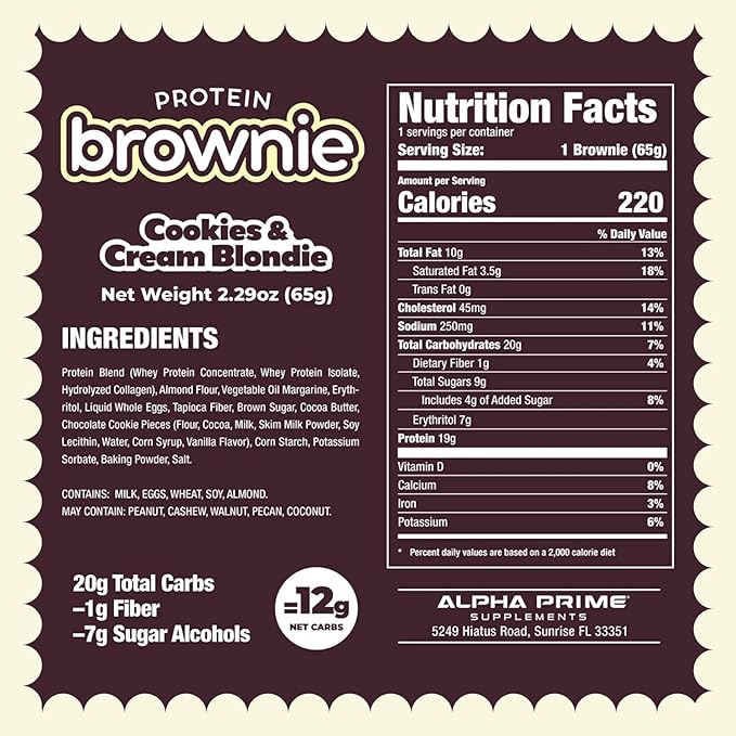 Prime Bites Protein Brownie from Alpha Prime Supplements | High Protein, Collagen Fortified Low Sugar Treat | Delicious Snack | 12 Bars per Box (Peanut Butter Candy Crunch)