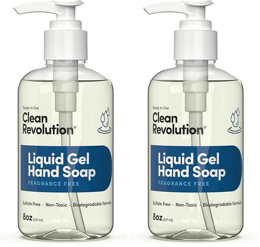 Clean Revolution Liquid Gel Hand Soap, Silky Rich Liquid, Quick Lather, Fast Rinsing (Fragrance Free) 8 Fl Oz (Pack of 2)