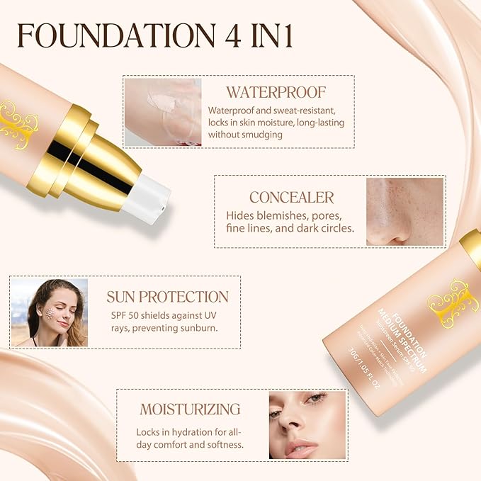 Foundation 4 in 1, SPF 50, Medium Coverage, Hydrating Color Changing Foundation Makeup Liquid, Long-lasting &Waterproof and Sweatproof, Neutral Finish, Suitable for All Skin Types