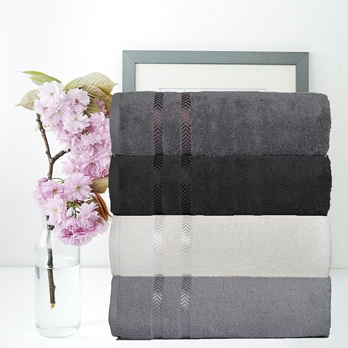 CASA COPENHAGEN Ember, 500 GSM, 27x55 Inches Large Bath Towels, Set of 4 Towels, Super Soft and Absorbent, Egyptian Cotton Towels for Bathroom & Shower - Light Grey +White +Black +Dark Grey