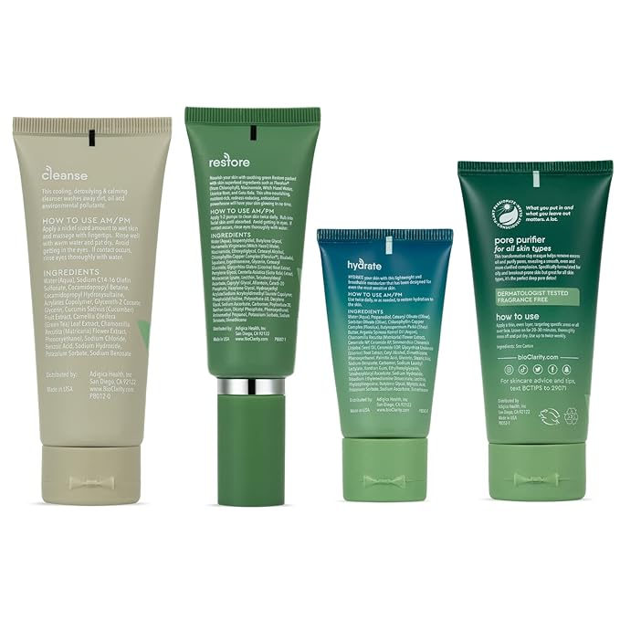 BioClarity 3-Step Essentials Skin Routine + Clarifying Mask for Normal & Oily Skin Types | Cleanse, Restore and Moisturize | Gentle Clean and Hydrate Face |100% Clean, Vegan Ingredients (Mini Size)