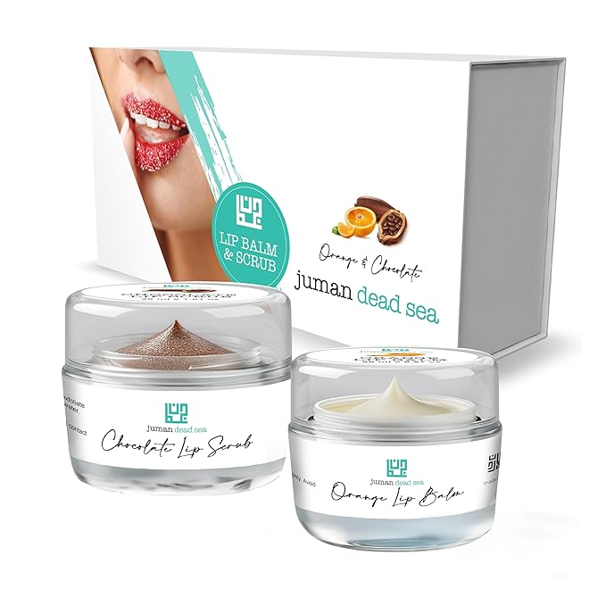 Juman Dead Sea Minerals Lip Care Set | Hydrating Lip Balm & Scrub | Orange & Chocolate | For Chapped & Dry Lips | Dorm Essentials | Vegan | SLS & Paraben-Free | Great as a Gift