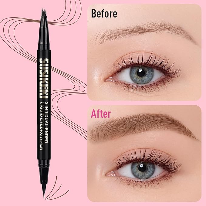 Dual Ended Microblading Eyebrow Pen - 2 in 1 Liquid Eyebrow Pencil with Brow-Fection Angled Brush & Precise Detail Brush-Tip, Shapes & Fills Hair-Like Looking Brows, Lasts All-Day, Brown