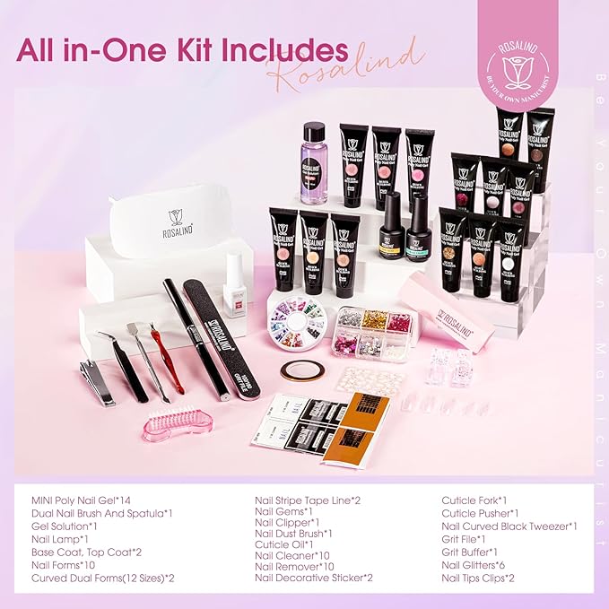 ROSALIND Poly Nail Gel Colors Kit -14 Colors +72 Nail Art Accessories kit Glitter Poly Nails Gel Kit Starter Kit with Mini UV Lamp Slip Solution Nude Pink Poly Nail Art for Beginners with Everything