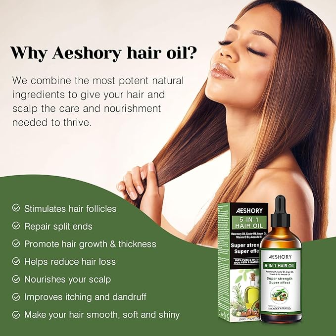 Aeshory Hair Oil - 5 IN 1 Hair Care Oil with Rosemary, Castor, Argan, Vitamin E, and Avocado for Hair Growth and Strengthening - Nourishing and Volumizing 3.38 fl oz