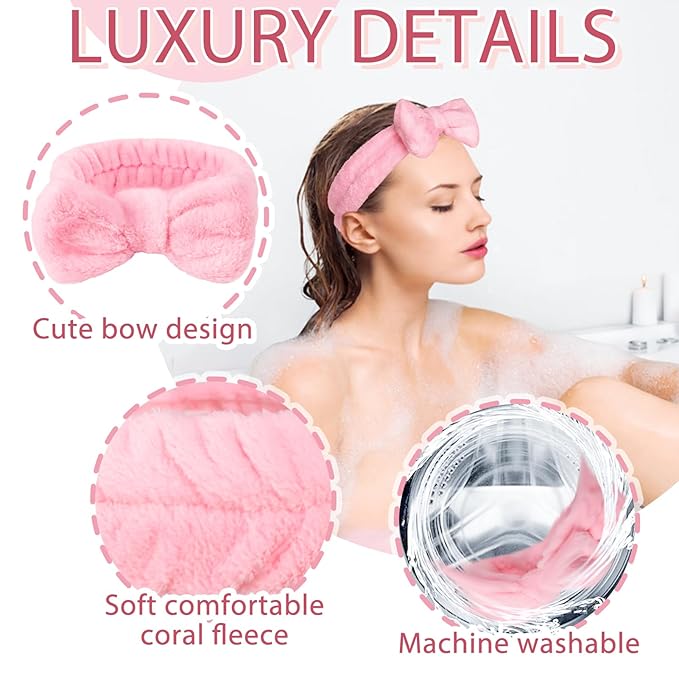 Fmeida Spa Headband and Wrist Band Set for Face Washing Skin Care Headband Pink Hairband 3 Pack