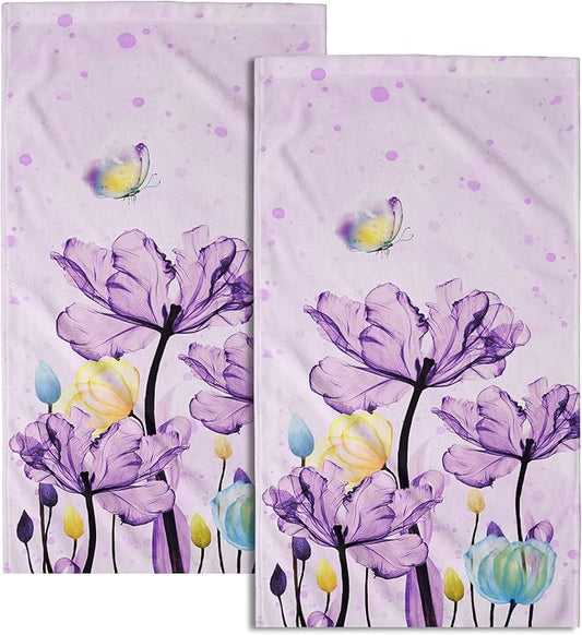 Giwawa Purple Floral Hand Towels Set of 2 Modern Flower Soft Absorbent Small Bath Towels Decorative Kitchen Guest Dish Towel for Gym Spa Hotel