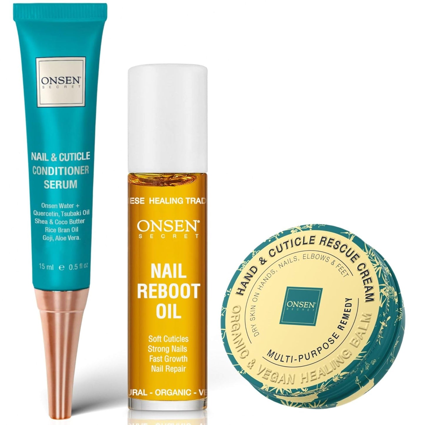 Onsen Nail & Cuticle Rescue Kit - Conditioner Serum, Repair Oil & Cuticle Balm - Tsubaki, Shea Butter, Jojoba - Strengthens Nails, Softens Cuticles, Hydrates Skin (15ml Serum + 10ml Oil + 26ml Cream)