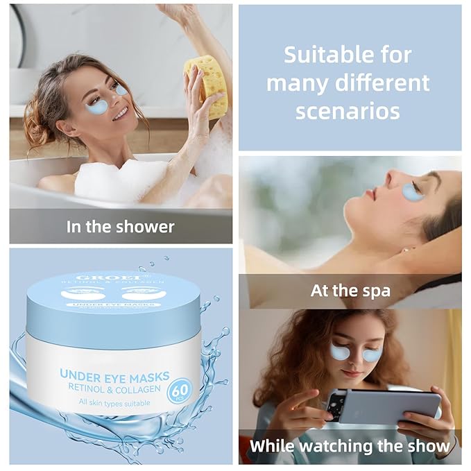 Under Eye Patches Masks for Eye Bags, Puffy Eyes, Fine Lines, Wrinkles, Dark Circles Treatment with Collagen and Retinol, Collagen Reduce Wrinkles Eye Masks, Lift, Firm Eyes Skin, 60 Pcs