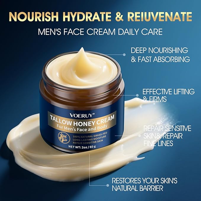 Mens Face Moisturizer Cream - Anti Aging & Wrinkle for Men with Tallow Balm & Raw Honey, Natural Grass-Fed Tallow Moisturizer for Face, Facial Skin Care & Eye Lotion - Day & Night, 2oz/60g