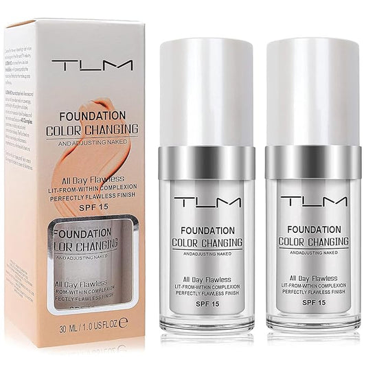 2 PACK TLM Color Changing Foundation Liquid Base,TLM Concealer Cover Cream,All Day Flawless Warm Skin Tone BB Cream Makeup Base Concealer for All Skin SPF15
