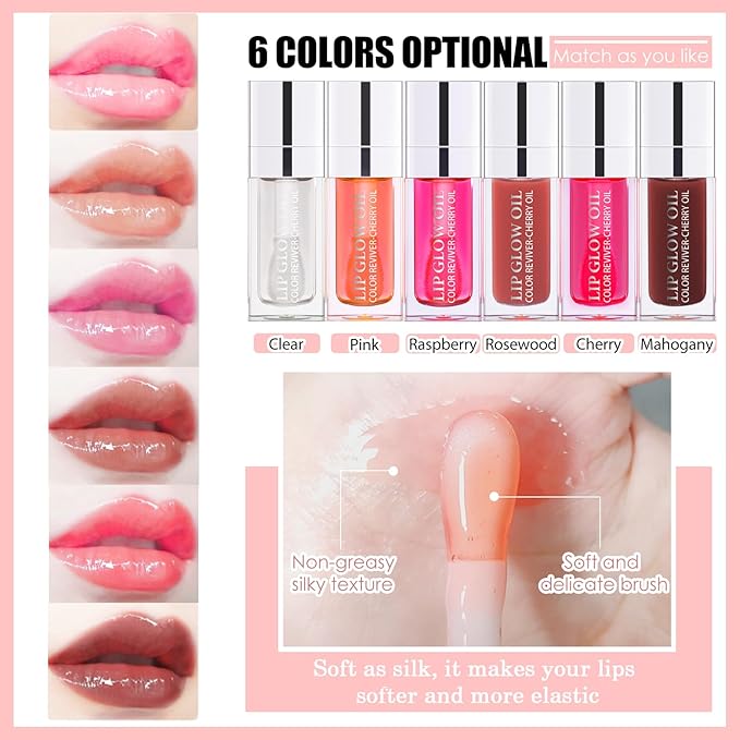 3PCS Lip Oil Set, Hydrating Lip Glow Oil Lip Plumper Gloss, Tinted Lip Oils Transparent Long Lasting Non-sticky Lip Gloss, Plumping Lip Gloss Lip Care Kit (Pink & Rosewood & Cherry)