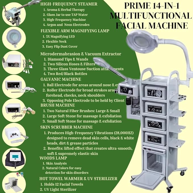 Prime 14 in 1 High Frequency Aromatherapy Steamer, Galvanic, Brush Massager, Vacuum Extractor, Diffuser and Hot Towel Warmer