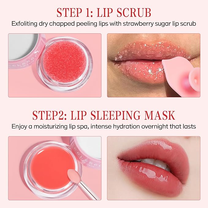 Strawberry Sugar Lip Scrub & Lip Sleeping Mask Set Natural Lip Treatment Duo - 4 IN 1 Gift Set For Exfoliate,Nourish Soothe & Hydrate Dry and Flaky Lips-Natural Overnight Lip Care for Soft,Smooth Lips