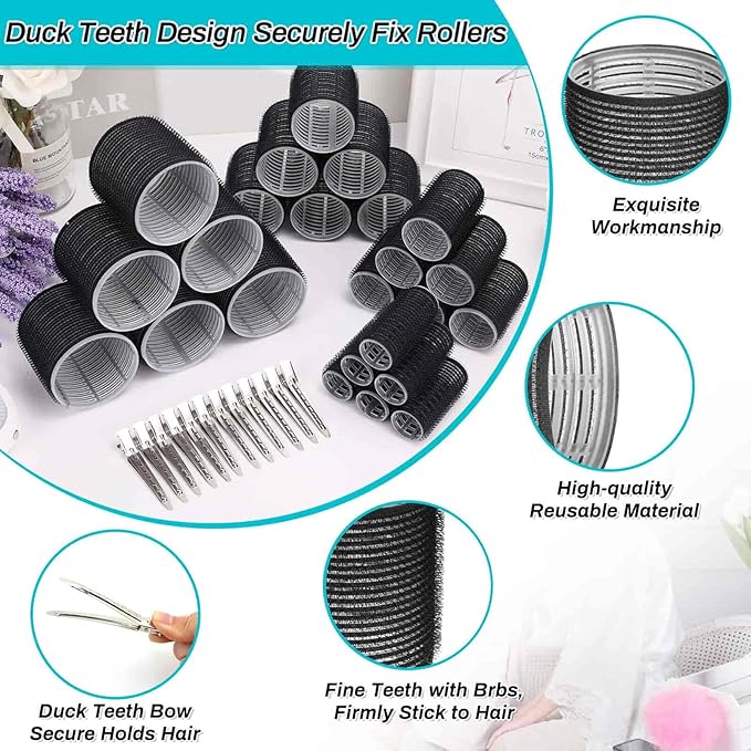 Selizo Hair Curlers 36 Pcs Set with 24Pcs Hair Curlers 4 Sizes and 12 Pcs Hair Clips for Long Medium Short Thick Hair, Black