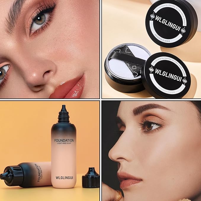 Full Coverage Liquid Foundation Makeup Set,Oil Control Concealer Long Lasting Waterproof Loose Setting Face Powder,Moisturizing BB Cream Set with Soft Makeup Sponge and Foundation Makeup Brush（4PCS）