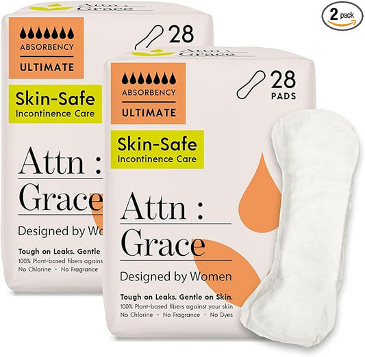 Attn: Grace Ultimate Incontinence Pads for Women, 2-Pack Adult (56 Total, 28/Pack) - High Absorbency, Breathable, Plant-Based - Overnight Pads for Heavy Bladder Leaks & Sensitive Skin