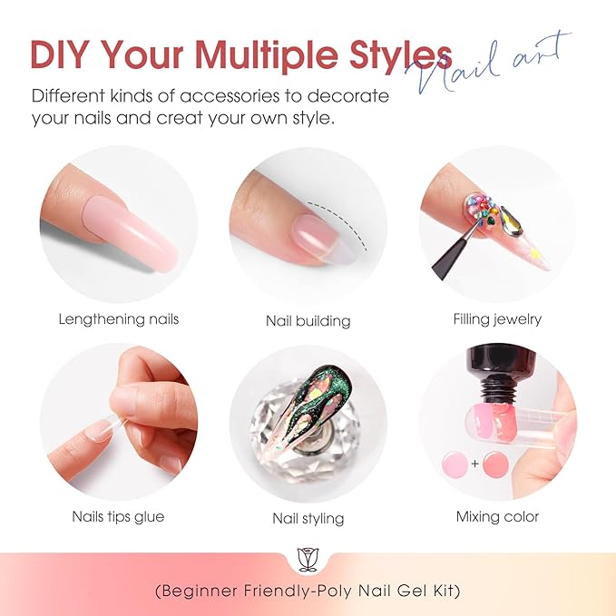 Poly Nail Gel Starter Kit -14 Colors + 75 Nails Art Accessories Kits, ROSALIND Nue Clear Poly Extension Gel with Big UV Light 48W and Electric Nail Drill Starter Kit with Everything