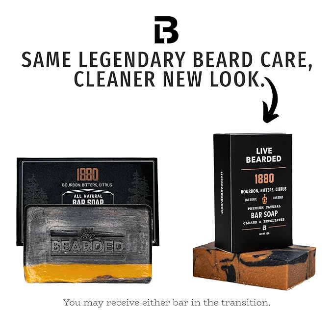 Live Bearded All-Natural Bar Soap for Men, 6-Pack of 5 oz - Made in the USA - Exfoliates and Moisturizes - Charcoal, Pumice, Shea Butter | 1880 Scent - Bourbon, Bitters, Citrus