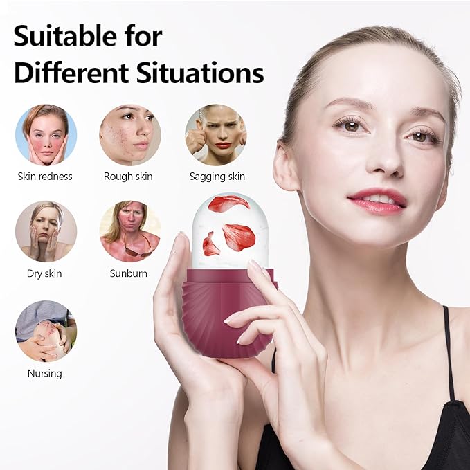 Ice Roller for Face and Eye, Silicone Ice Facial Roller Ice Holder, Face Ice Mold Skin Care, Face Icers Reusable Ice Cube Roller for Shrink Pores Anti Wrinkle Reduce Puffiness, Rose