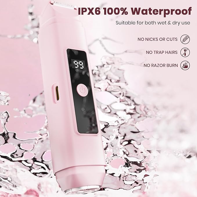 Bikini Trimmer for Women,IPX7 Waterproof Painless Electric Razors for Trip,Portable&Easy Cleaning Lady Underarm Pubic Leg Arm Body Face,Electric Shaver for Travel&Shower Use,Gifts for Women,Pink
