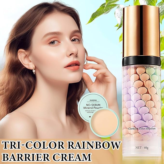 One Step Color Corrector,Natural Isolation Cream,Face Primer Makeup Tricolor Moisturizer,Correcting Primer Concealer Foundation,Setting Powder,Makeup Brushes,Makeup Sponges（4PCS)