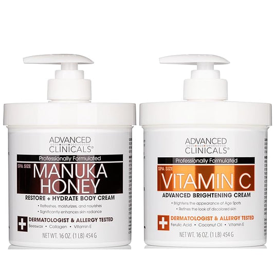 Advanced Clinicals Vitamin C Brightening Cream + Manuka Honey Body Lotion & Face Moisturizer 2pc Skincare Set For Women & Men | Body Butter Creams Help Reduce Appearance Of Dark Spots & Dry Skin, 2pc