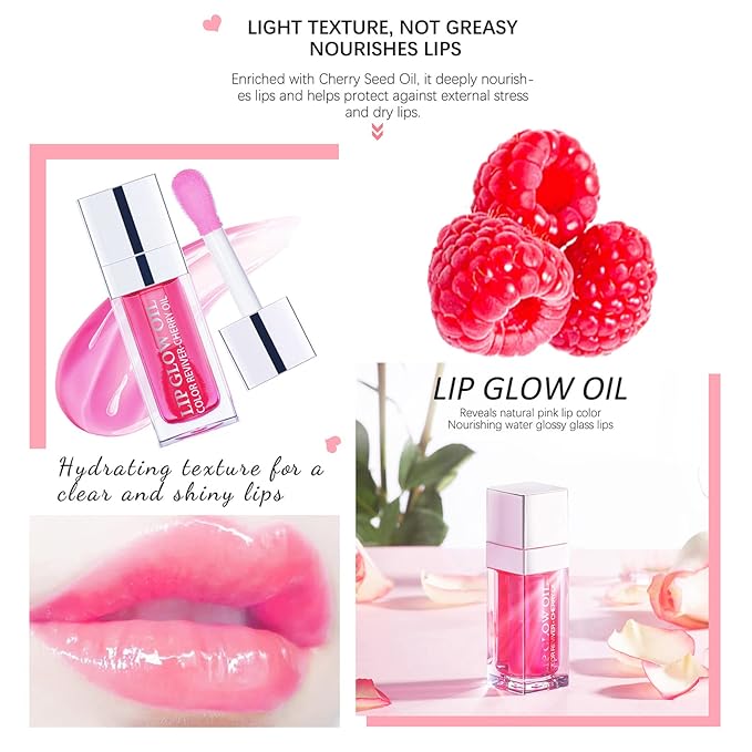 Lip Oil Hydrating Tinted Lip Balm, Plump Lip Gloss Lip Care Transparent Toot Lip Oil Tinted, Glass Lip Glow Oil Fresh Texture & Non-sticky, Nourishing Repairing Lightening Lip Lines Lip Care Products ( 007# Raspberry )