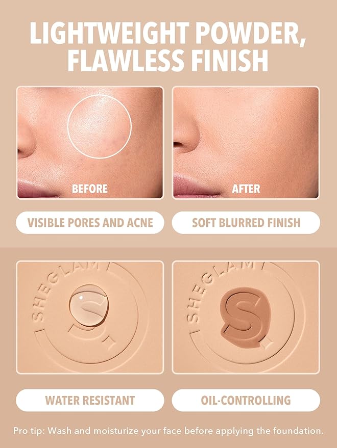 SHEGLAM SKin-Focus Full Coverage Powder Foundation Oil-Control Lightweight Face Pressed Powder Makeup-Mahogany