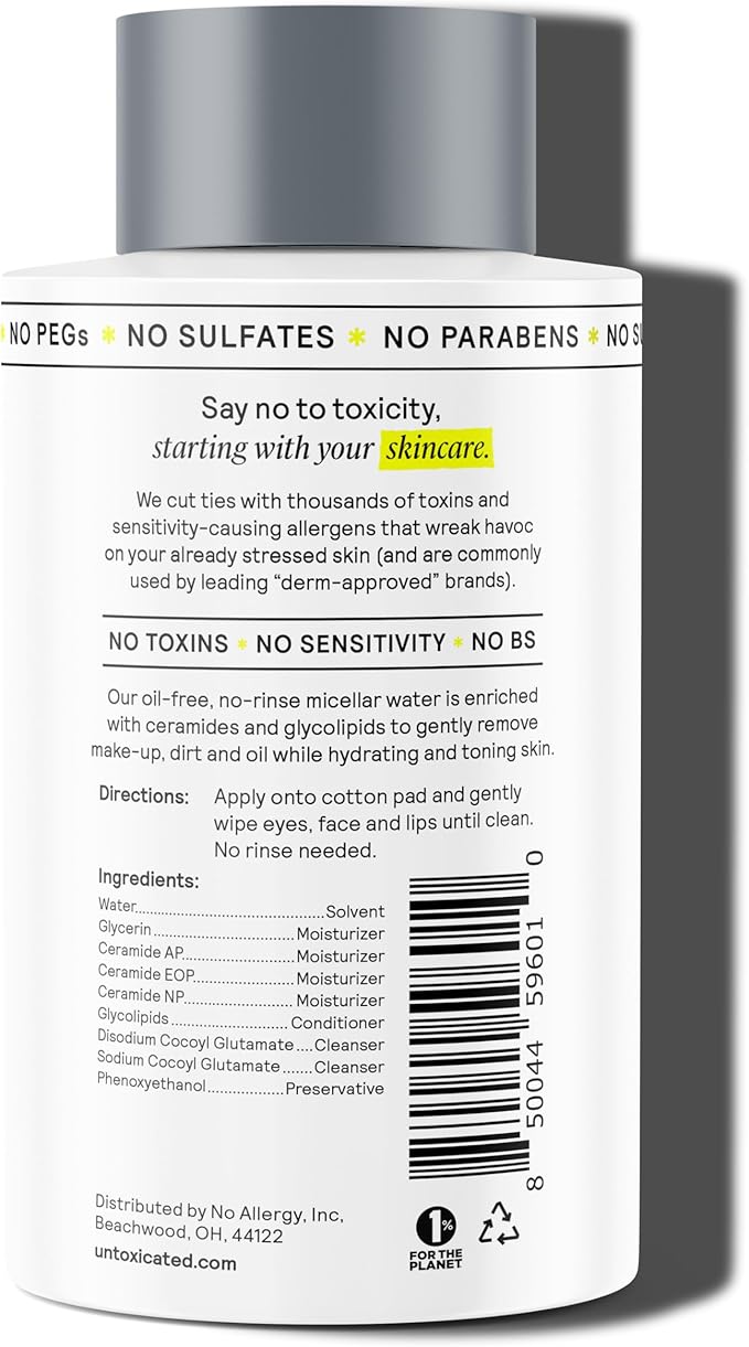 Micellar Water - Gentle Makeup Remover, No Rinse Cleanser & Toner for Sensitive Skin - No Common Irritants - Free from Alcohol, Oil, & Fragrance - 7 Ounce