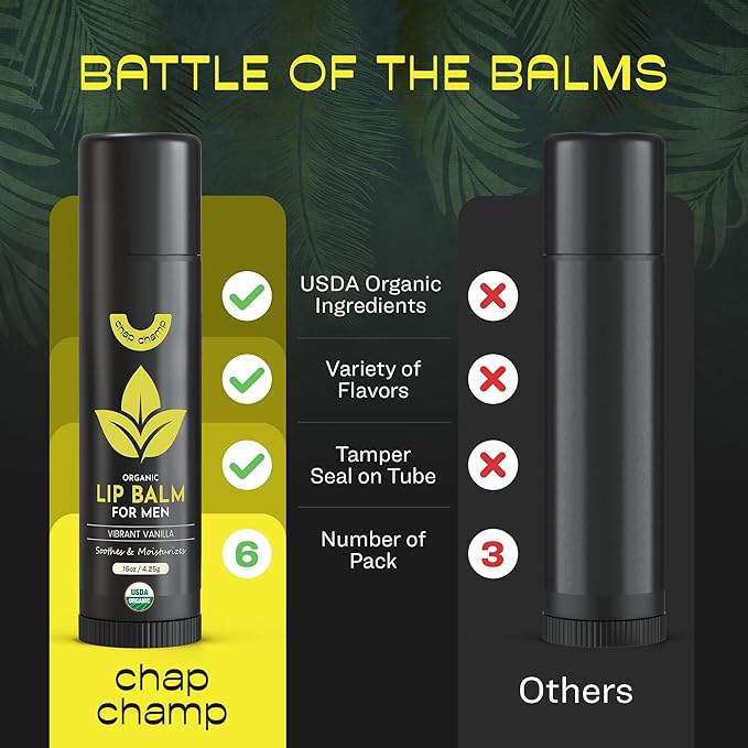 Lip Balm for Men - USDA Organic Certified Chapstick for Men - All Natural Ingredients - Contains Vitamin E and Beeswax - Peppermint, Coconut & Vanilla - MADE IN THE USA (6 pack)