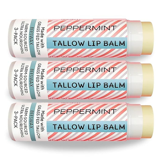 Tallow Lip Balm by Cattle Creek – Organic, All-Natural Ingredients, Long-Lasting Moisture and Hydration for Dry, Cracked, and Chapped Lips, Soothing Formula for Soft Skin (Pack of 3, Peppermint)