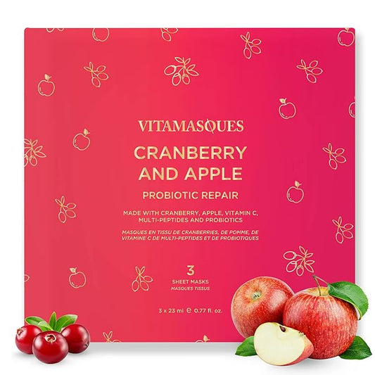 Vitamasques Cranberry and Apple Probiotic Repair Boxset - 3 Vegan Face Masks with Adaptogenic Ingredients to Improve Skin Health