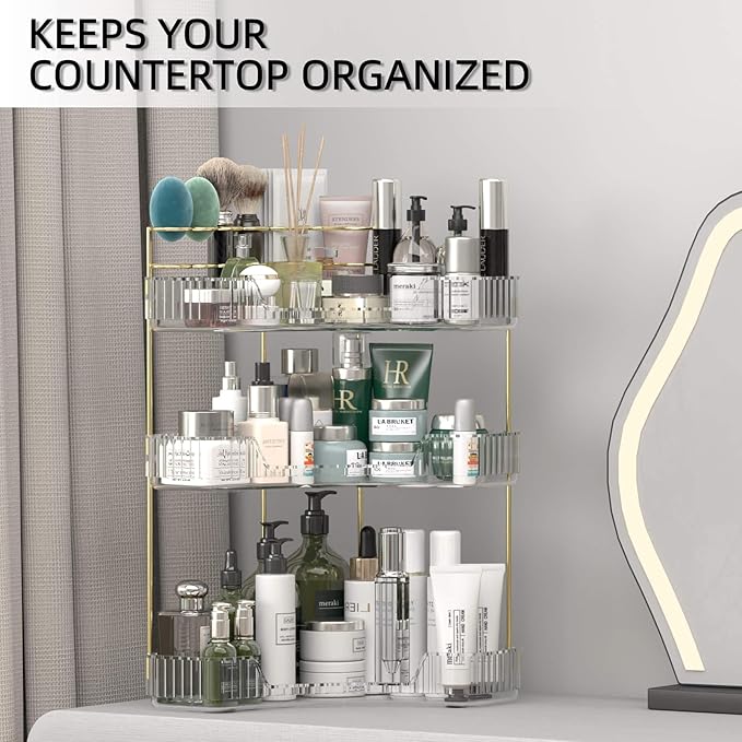Makeup Organizer Countertop 3 Tier, Corner Bathroom Countertop Organizer with Toothbrush and Makeup Brush Holder, Corner Vanity Tray for Skincare Organization