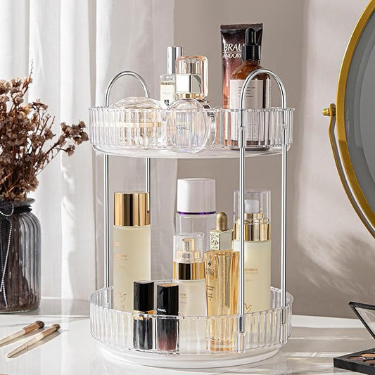Rotating Makeup Organizer, 360° Spinning Makeup Storage Holder Rack, Dresser Bathroom Organizer Countertop, Large Capacity Perfume Skincare Lipstick Organizer for Vanity.(2 Tiers, Transparent)