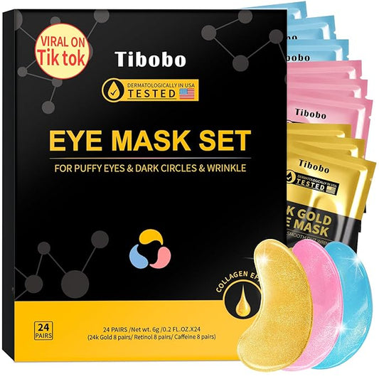 Under Eye Patches(24 Pairs), 24K Gold, Caffeine, Retinol Eye Masks for Puffy Eyes, Wrinkles, Dark Circles, Undereye Bags Treatment - Restoring & Awakening & Moisturizer Skin care Gift for Women