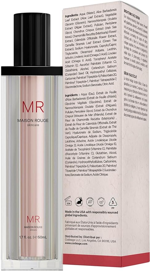 Maison Rouge Brightening Face Serum by Codeage - Glutathione Serum, Vitamin C, E, Hyaluronic Acid, Collagen - Radiance Enhancing - Parabens and Sulfates-Free - Refillable - All Skin Types - 1.7 fl oz