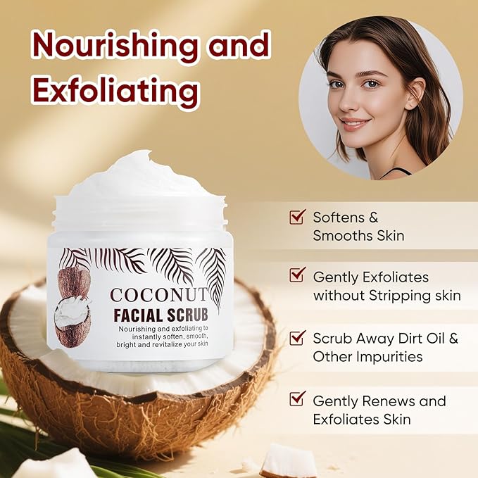 Facial Scrub & Face Exfoliator, Exfoliating Facial Wash with Coconut Facial Scrub Exfoliator - Spa Quality Exfoliating Mask, Deep Cleansing Face Wash Cleanser for Women