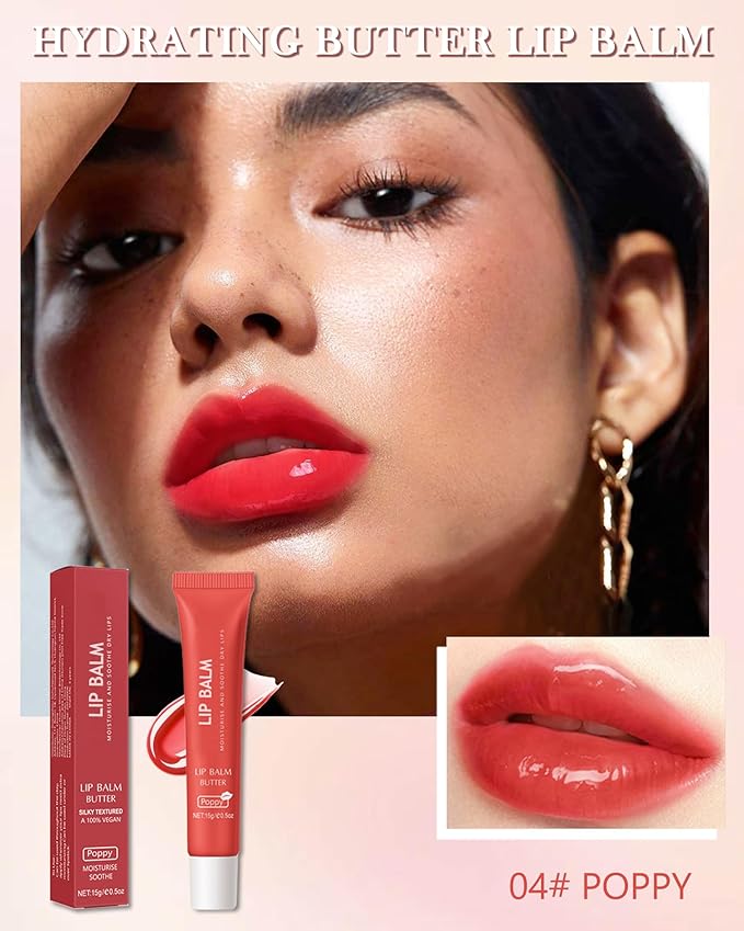 Lip Balm Butter Poppy, Hydrating Tinted Butter Lip Gloss,Clear Lip Mask Lip Care Moisturizer,Smooth Lip Treatment Balm,Jelly Yummy Glow Reviver Fat Lip Oil,Thanksgiving Makeup Gift for Women-04