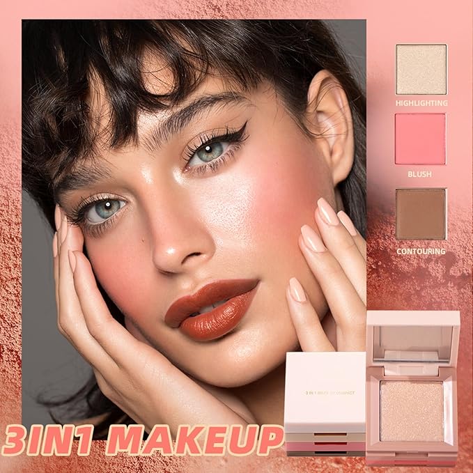 3 in 1 Highlighter Contour Blush Makeup Palette, 3 Colors Matte Shimmer Brighten Highlighting Bronzing Blusher Eyeshadow Pallet, Long Lasting Full Face Eyes Contouring Shaping Makeup kit with Mirror
