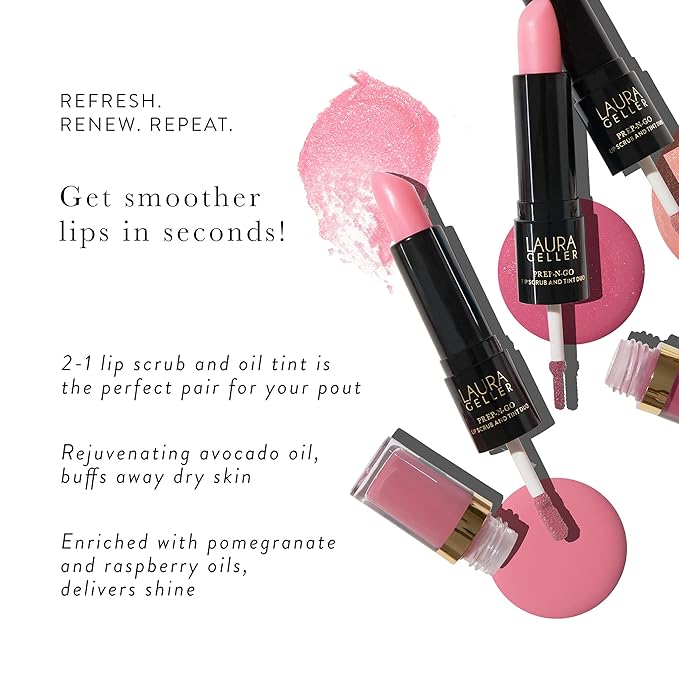 LAURA GELLER NEW YORK Prep-n-Go 2-in-1 Lip Scrub and Lip Oil Tint, Lip Hydrating Oil and Exfoliator, Rush Hour